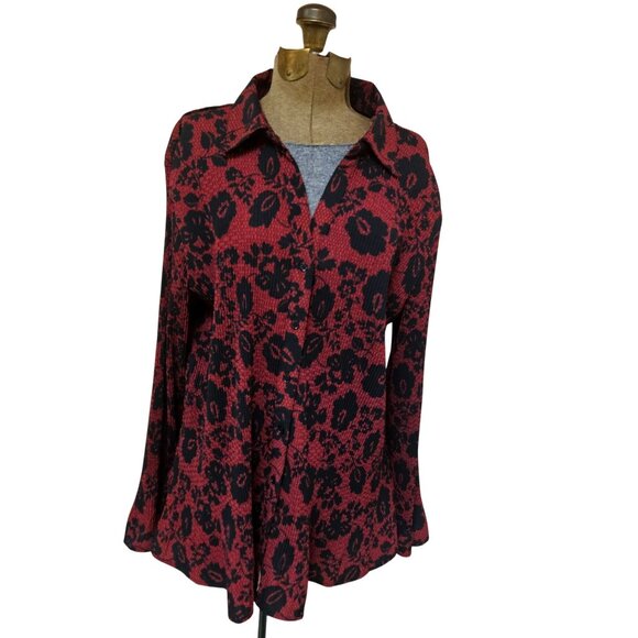 Fred David Tops - Fred David Blouse Womens 2X Red Black Floral Long Sleeve Crinkle Top Stretch